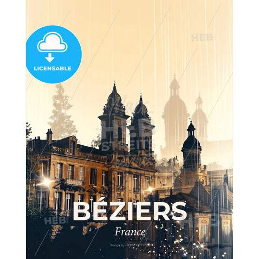 Béziers City Double Exposure Silhouette Skyline - A building with towers and trees in the background - Square format print template