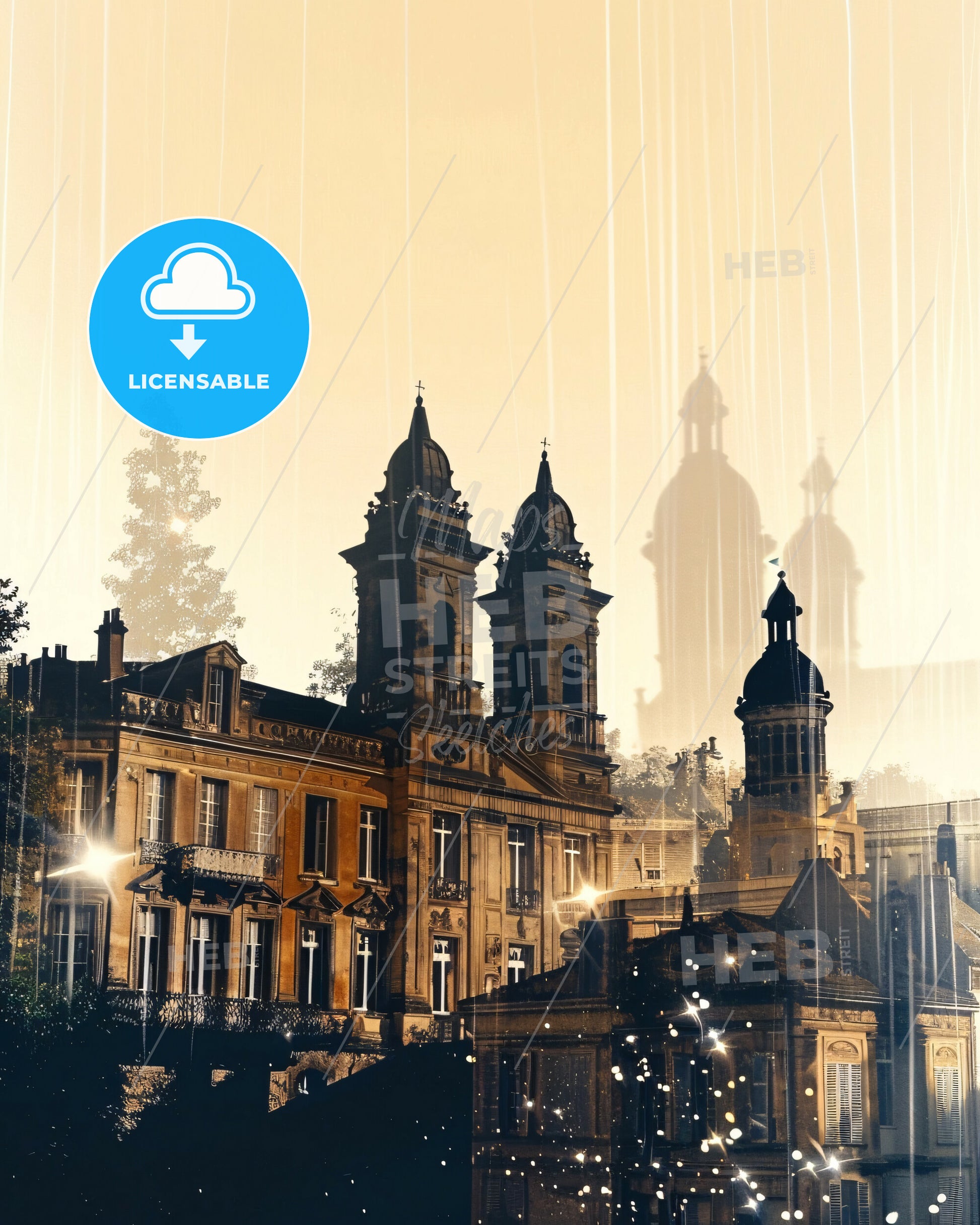 Béziers City Double Exposure Silhouette Skyline - A building with towers and trees in the background