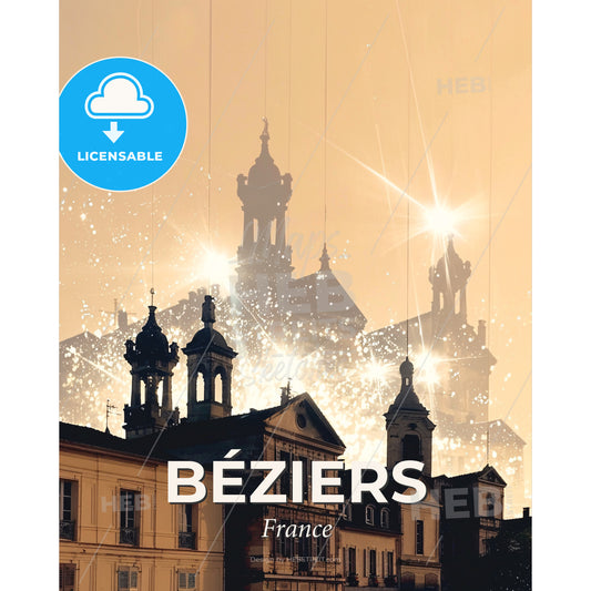 BÃ©ziers Skyline Bright Sparkles Double Exposure Art - A building with a tower and fireworks - Square format print template