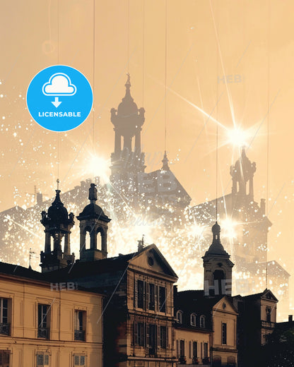 BÃ©ziers Skyline Bright Sparkles Double Exposure Art - A building with a tower and fireworks