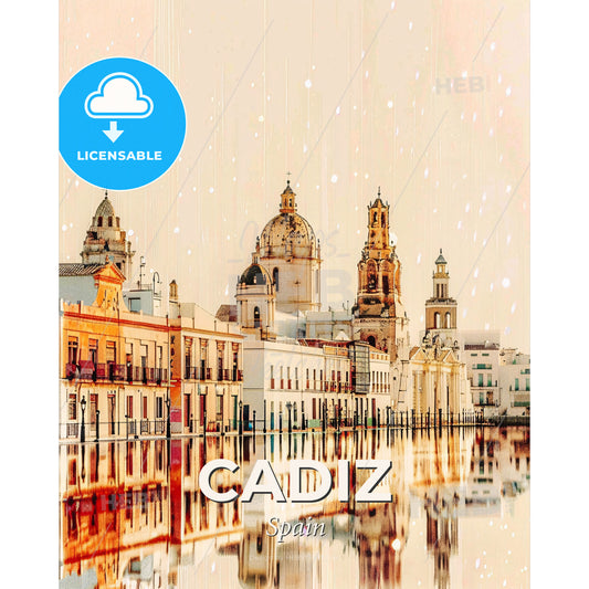 Cadiz Cityscape in Dual Exposure Art - A water body with buildings and a dome on the top - Square format print template