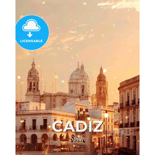 Cadiz City Icons: Double Exposure Art Poster - A building with domes and a street light - Square format print template