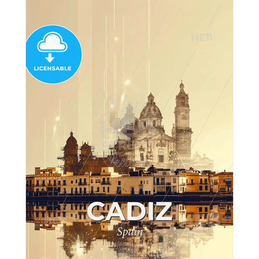 Cadiz City Skyline Double Exposure Poster Art - A building next to a body of water - Square format print template