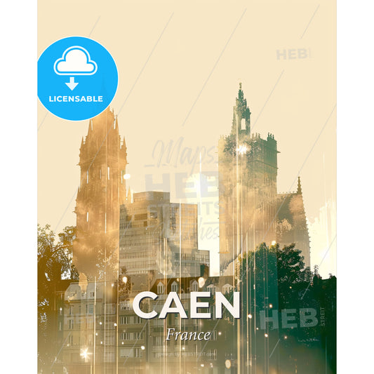 Caen Cityscape Silhouette Art Poster with Subtle Blisters - A city skyline with tall buildings and trees - Square format print template