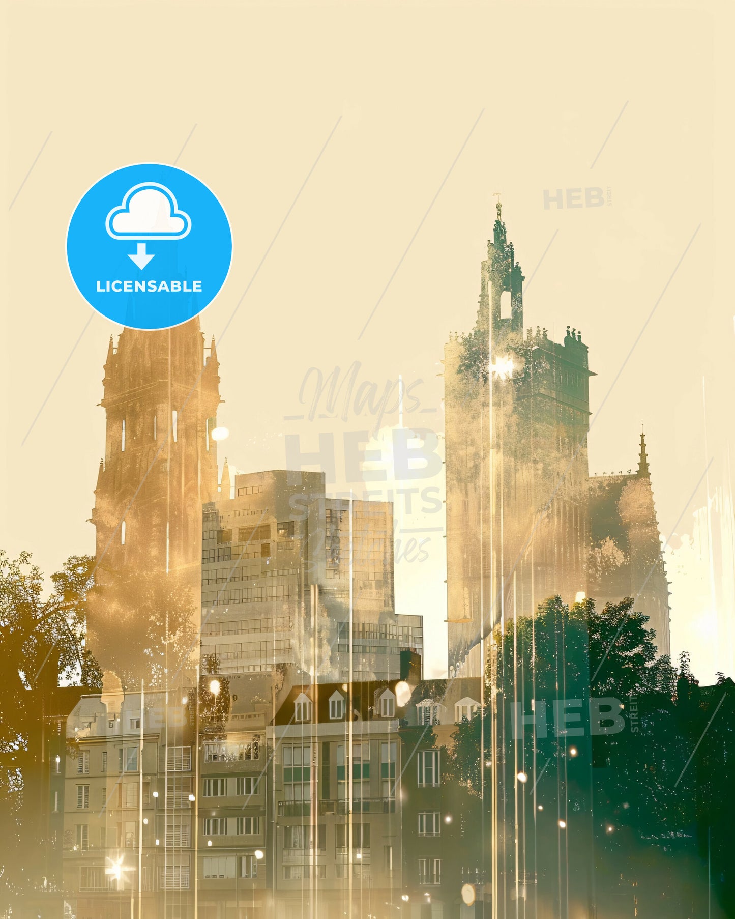 Caen Cityscape Silhouette Art Poster with Subtle Blisters - A city skyline with tall buildings and trees