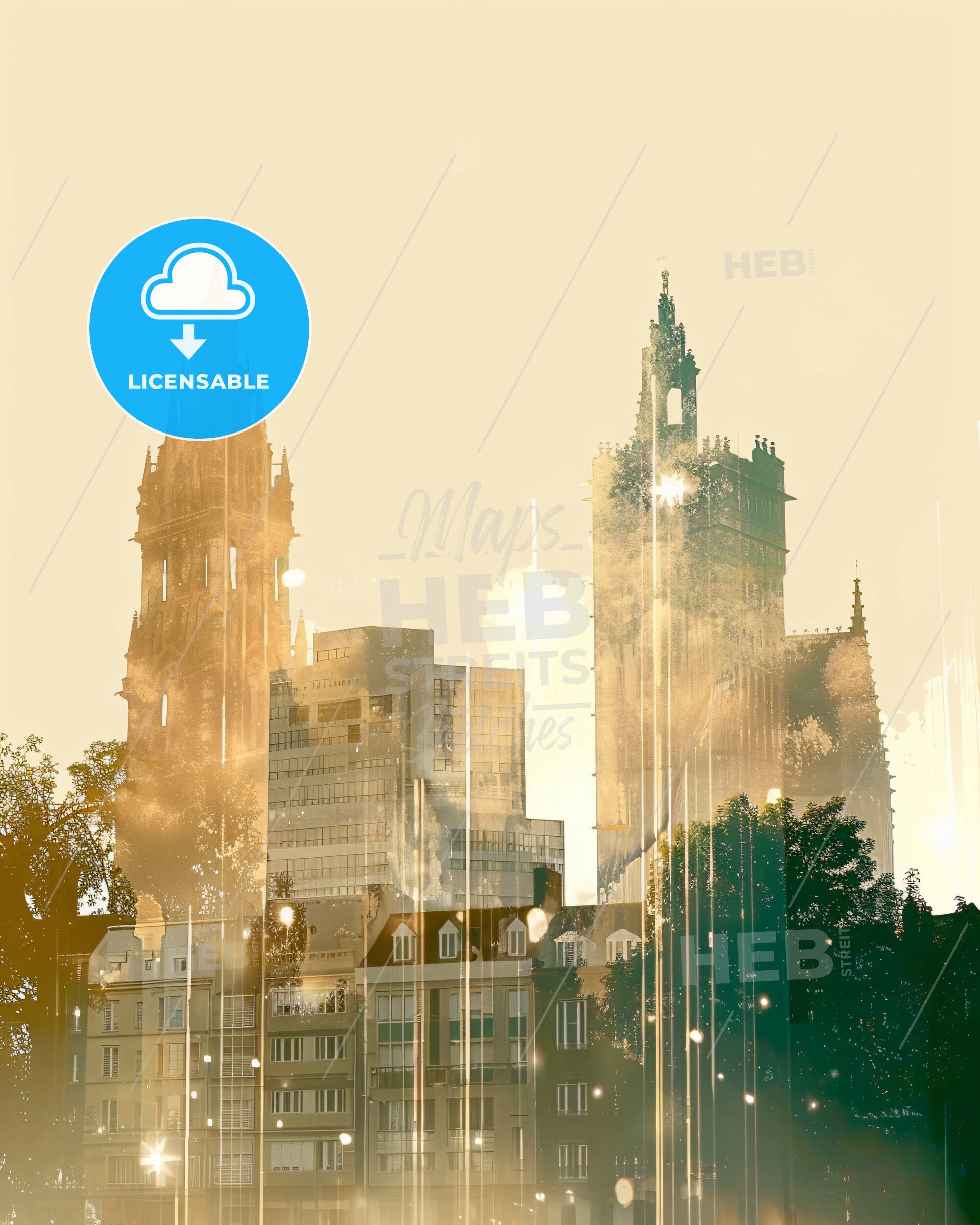 Caen Cityscape Silhouette Art Poster with Subtle Blisters - A city skyline with tall buildings and trees
