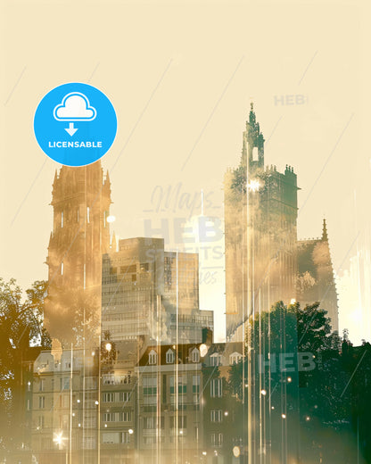 Caen Cityscape Silhouette Art Poster with Subtle Blisters - A city skyline with tall buildings and trees