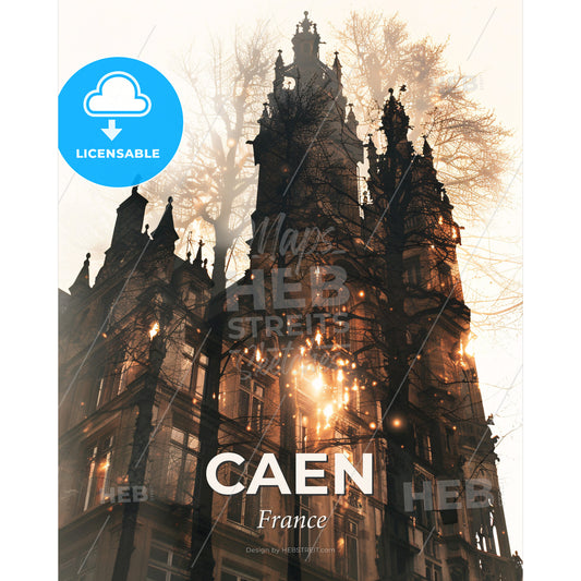 Caen France City Skyline Silhouette Double Exposure Poster - A building with trees in the background - Square format print template