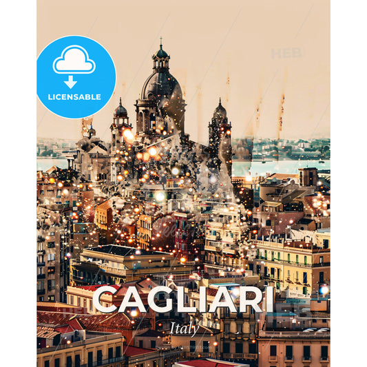 Cagliari City Skyline Poster Design: Beige Subtle Backlights Sparkles - A city with many buildings and a body of water - Square format print template