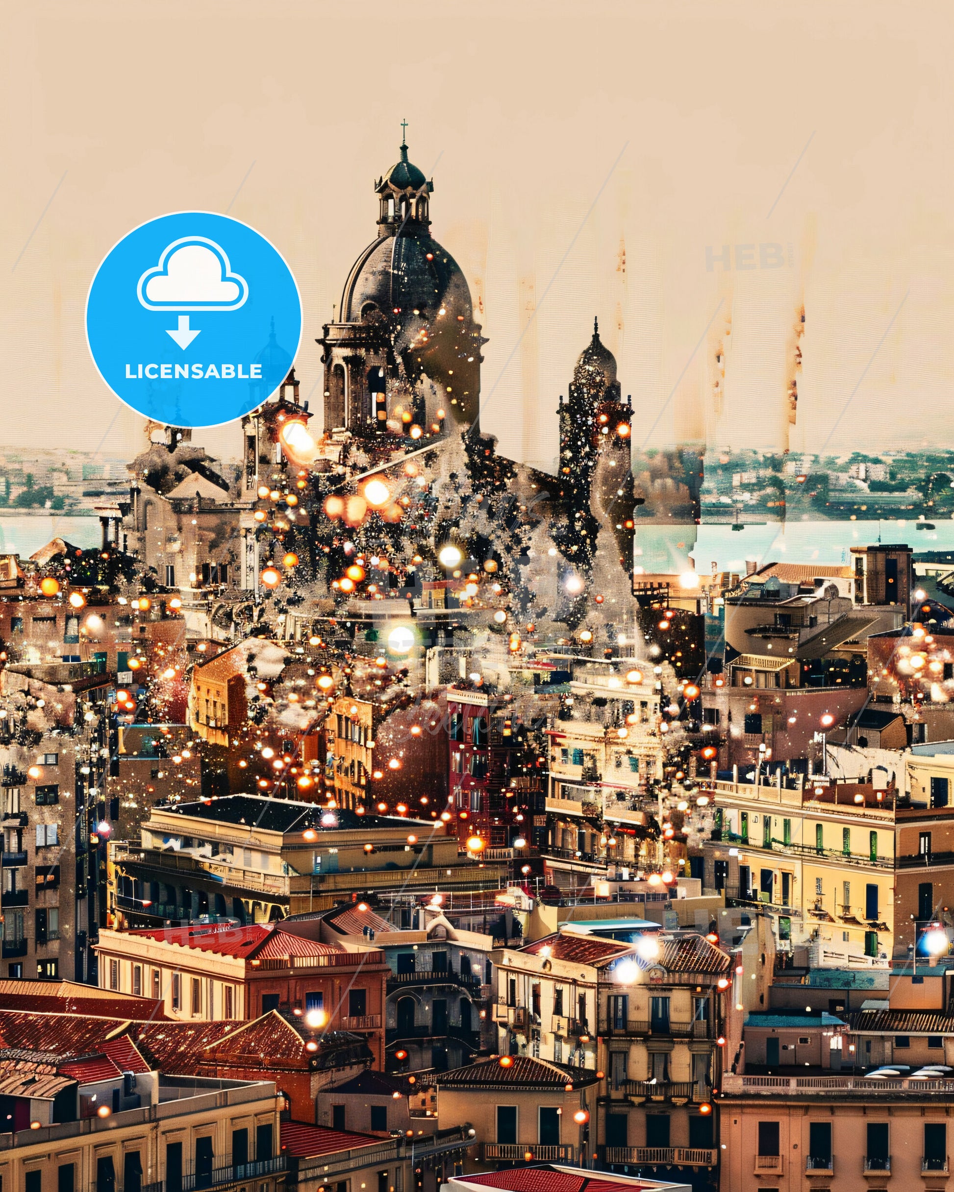 Cagliari City Skyline Poster Design: Beige Subtle Backlights Sparkles - A city with many buildings and a body of water