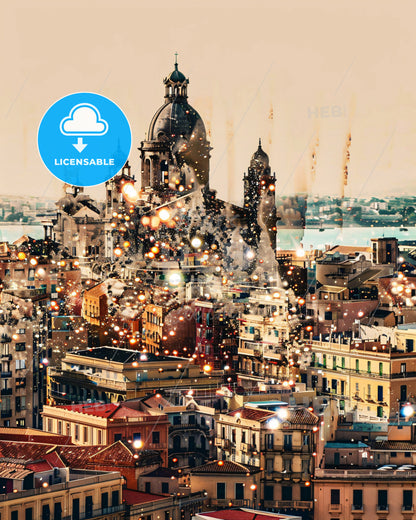 Cagliari City Skyline Poster Design: Beige Subtle Backlights Sparkles - A city with many buildings and a body of water