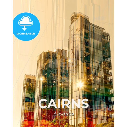 Cairns Double Exposure Skyline Artwork with Sparkles - A group of tall buildings with windows - Square format print template