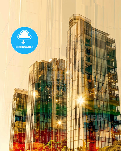 Cairns Double Exposure Skyline Artwork with Sparkles - A group of tall buildings with windows