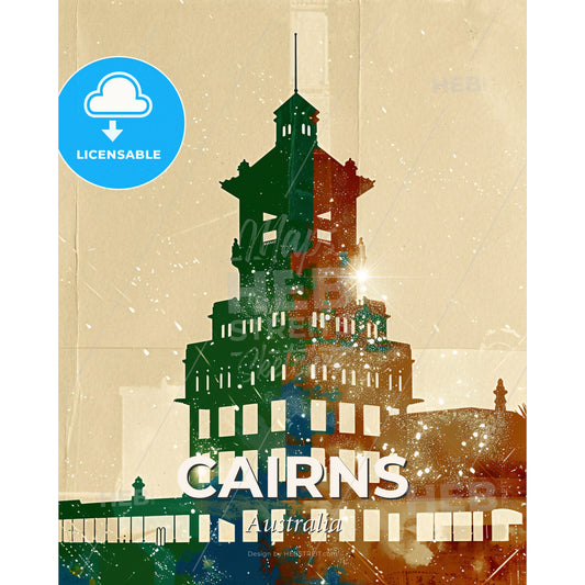 Cairns Cityscape Art Deco Poster - A building with a tower - Square format print template