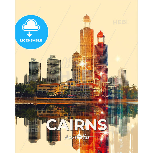 Cairns Skyline Double Exposure Icon Art Poster - A city skyline with a body of water - Square format print template