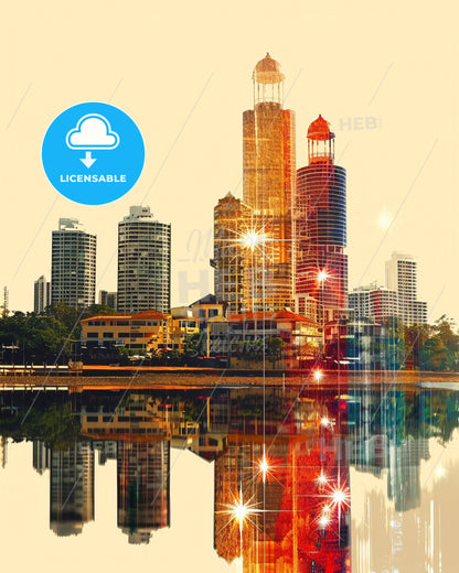 Cairns Skyline Double Exposure Icon Art Poster - A city skyline with a body of water