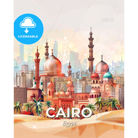 Cairo Skyline Double Exposure Art Poster - A city with palm trees and buildings - Square format print template