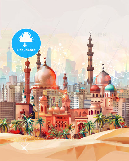 Cairo Skyline Double Exposure Art Poster - A city with palm trees and buildings