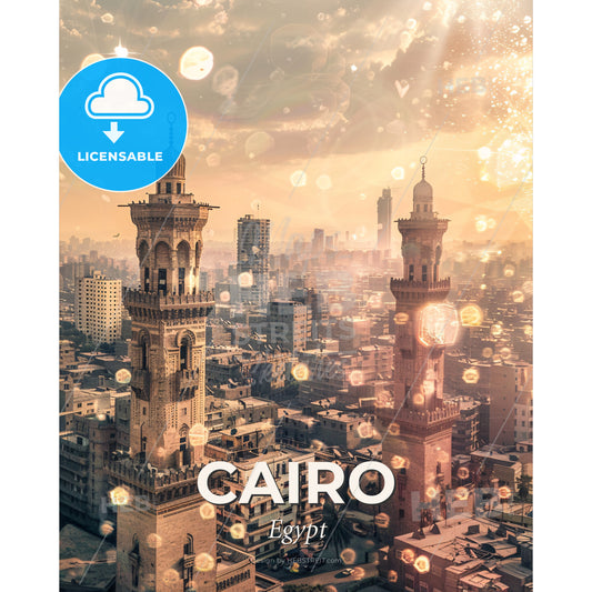 Cairo Skyline Double Exposure Iconic Poster - A tall towers in a city - Square format print template