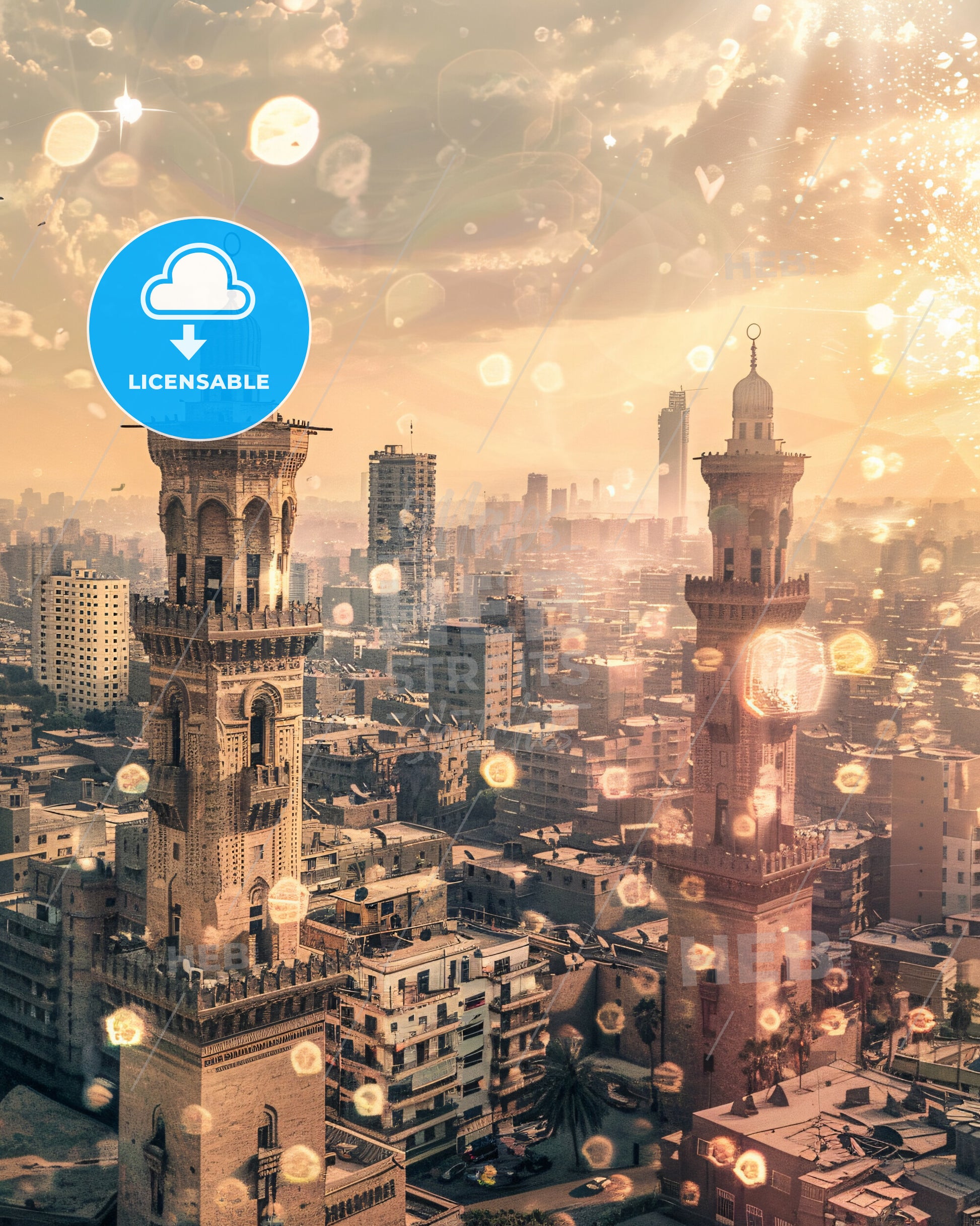 Cairo Skyline Double Exposure Iconic Poster - A tall towers in a city