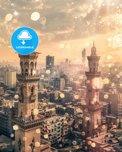 Cairo Skyline Double Exposure Iconic Poster - A tall towers in a city