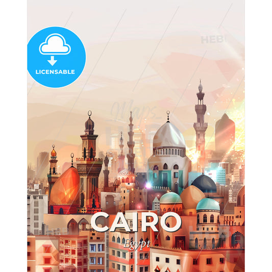 Cairo Skyline Architecture Cityscape Colorful Wall Art - A city with many towers and domes - Square format print template