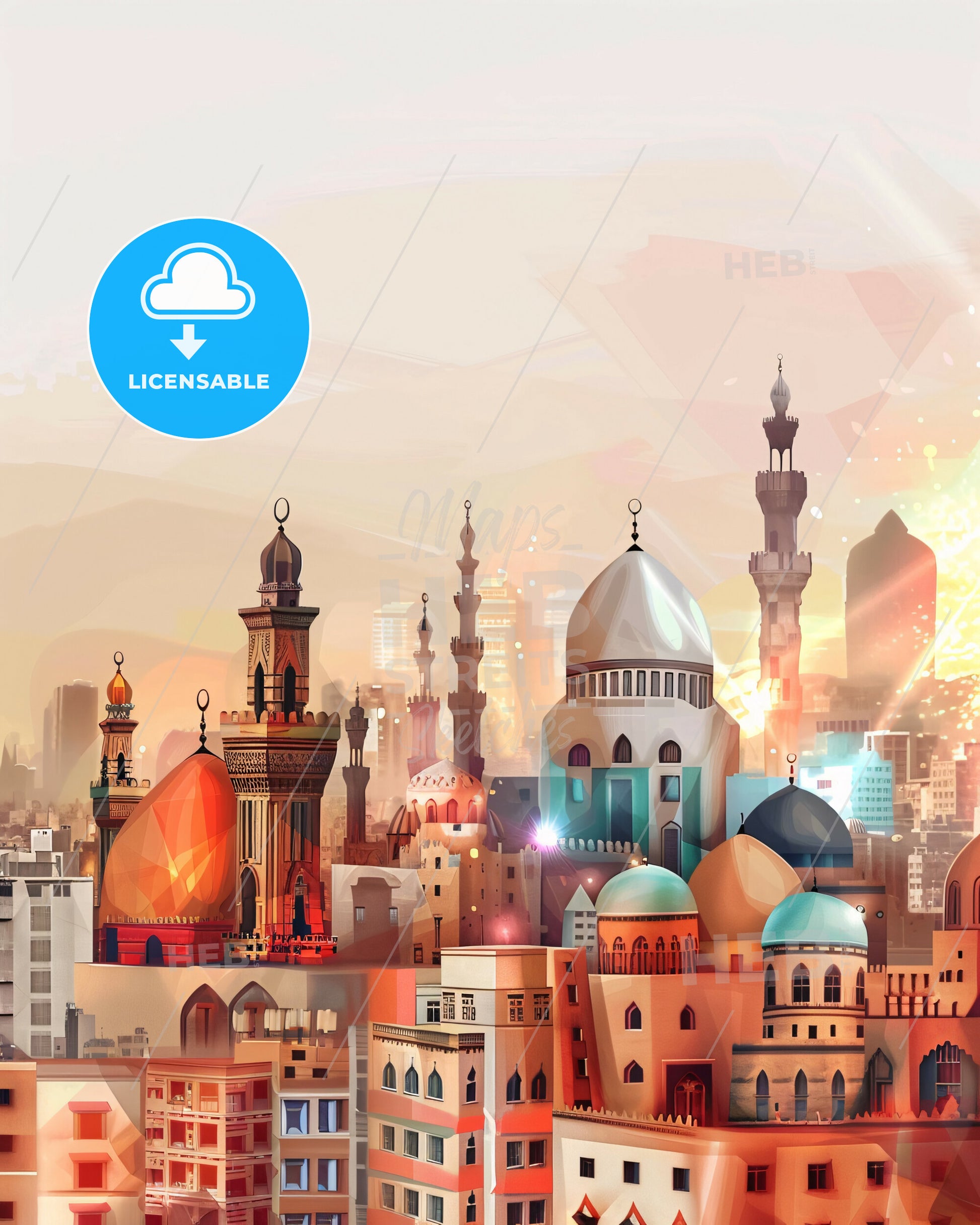 Cairo Skyline Architecture Cityscape Colorful Wall Art - A city with many towers and domes