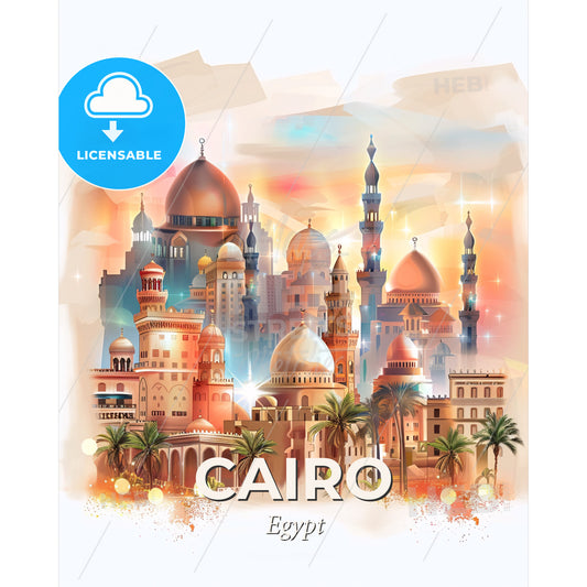 Cairo City Skyline, Double Exposure, Bright Beige - A city with palm trees and buildings - Square format print template