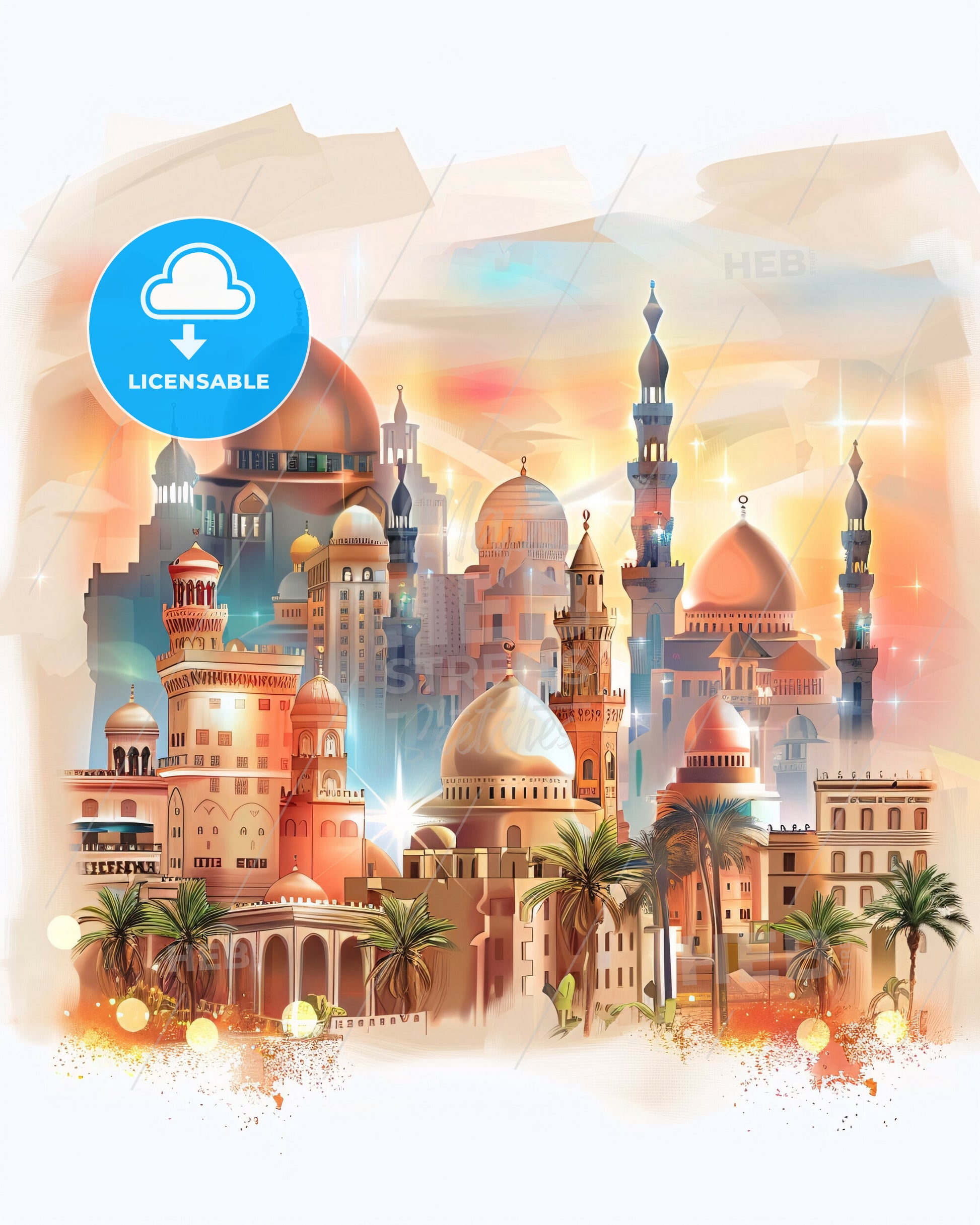 Cairo City Skyline, Double Exposure, Bright Beige - A city with palm trees and buildings