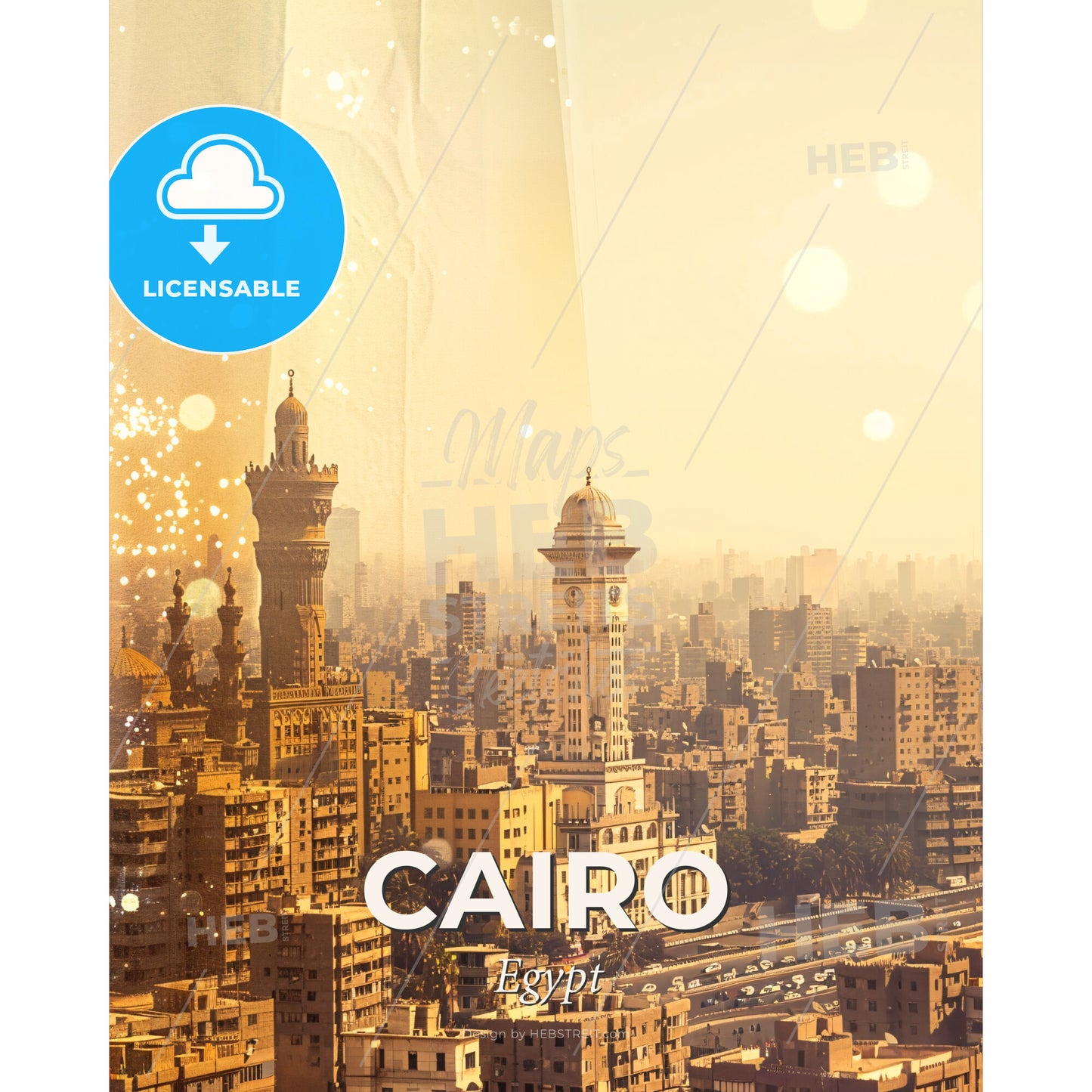 Cairo Skyline Architecture Composite Bright Beige - A city with tall towers and a clock tower - Square format print template