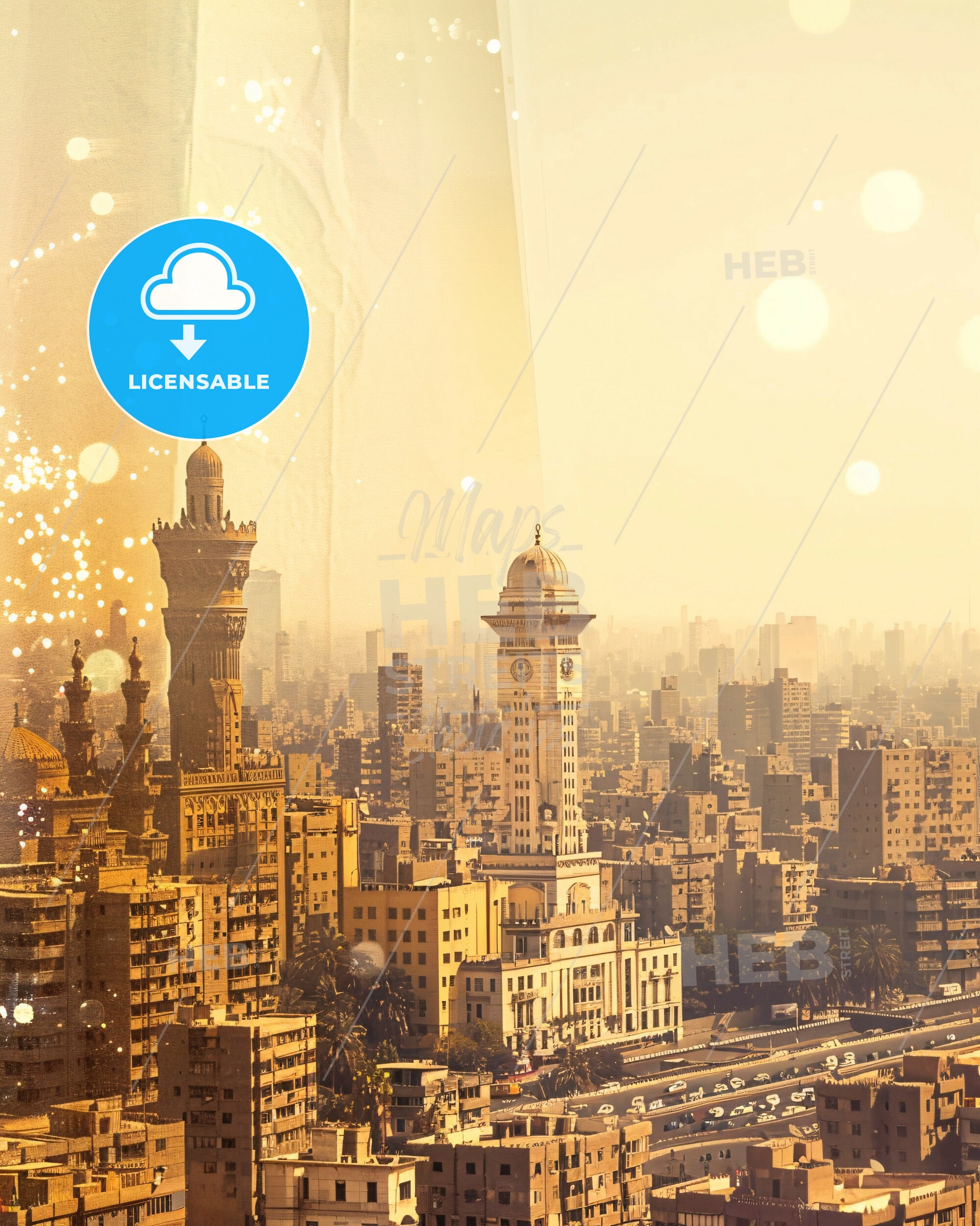 Cairo Skyline Architecture Composite Bright Beige - A city with tall towers and a clock tower