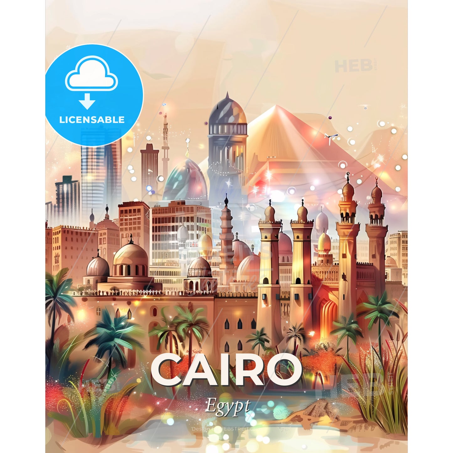 Cairo: Skyline Double Exposure Art - A city with palm trees and buildings - Square format print template