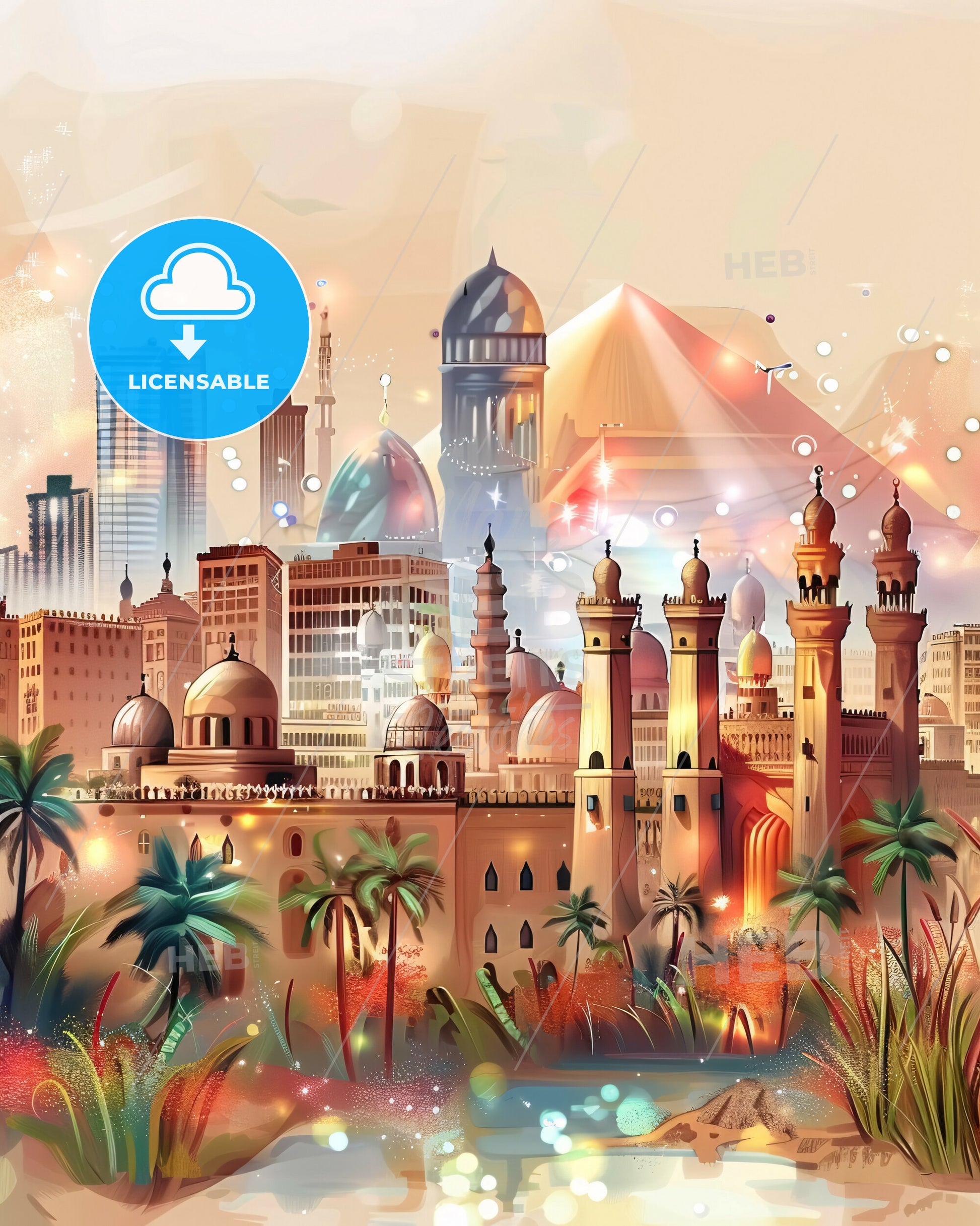 Cairo: Skyline Double Exposure Art - A city with palm trees and buildings