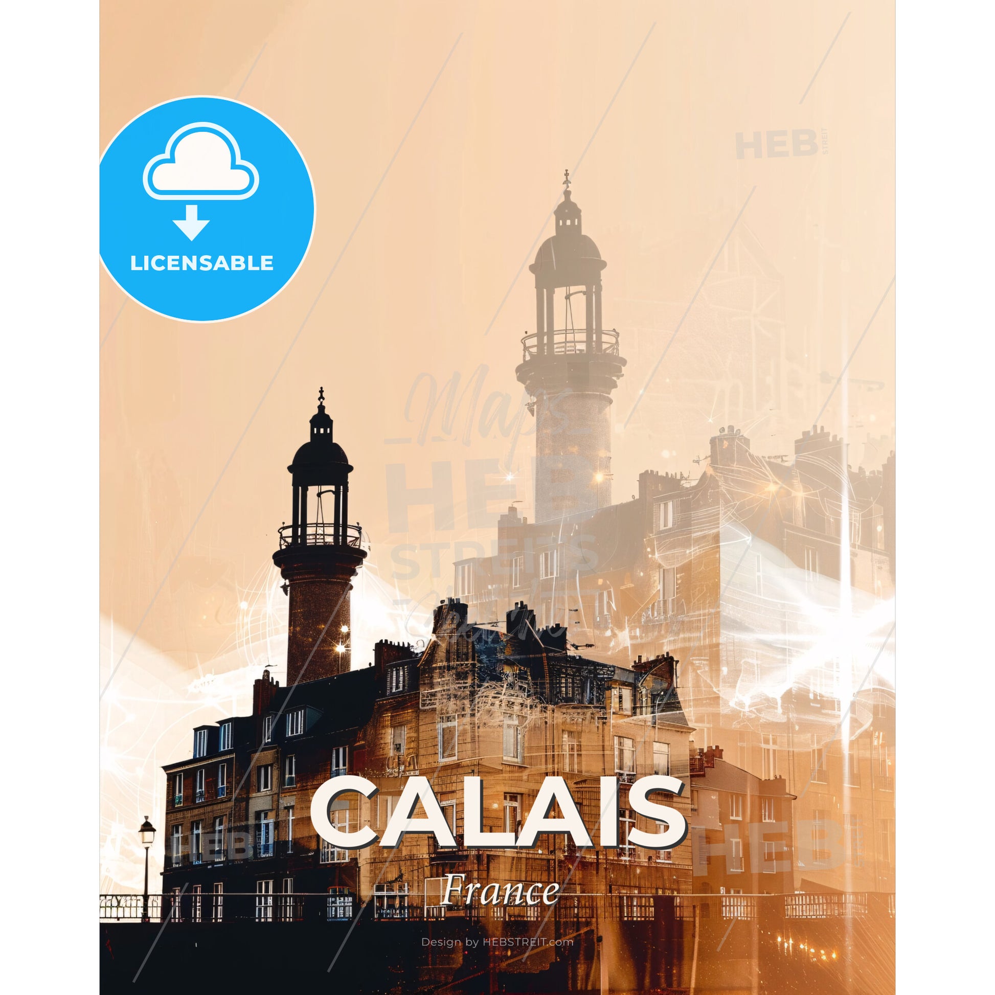 Calais, France: The Sparkles of the City - A building with towers and a light in the background - Square format print template