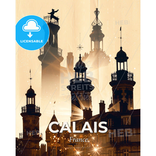 Calais Skyline Silhouettes Composite Art Poster - A building with towers and a city in the background - Square format print template