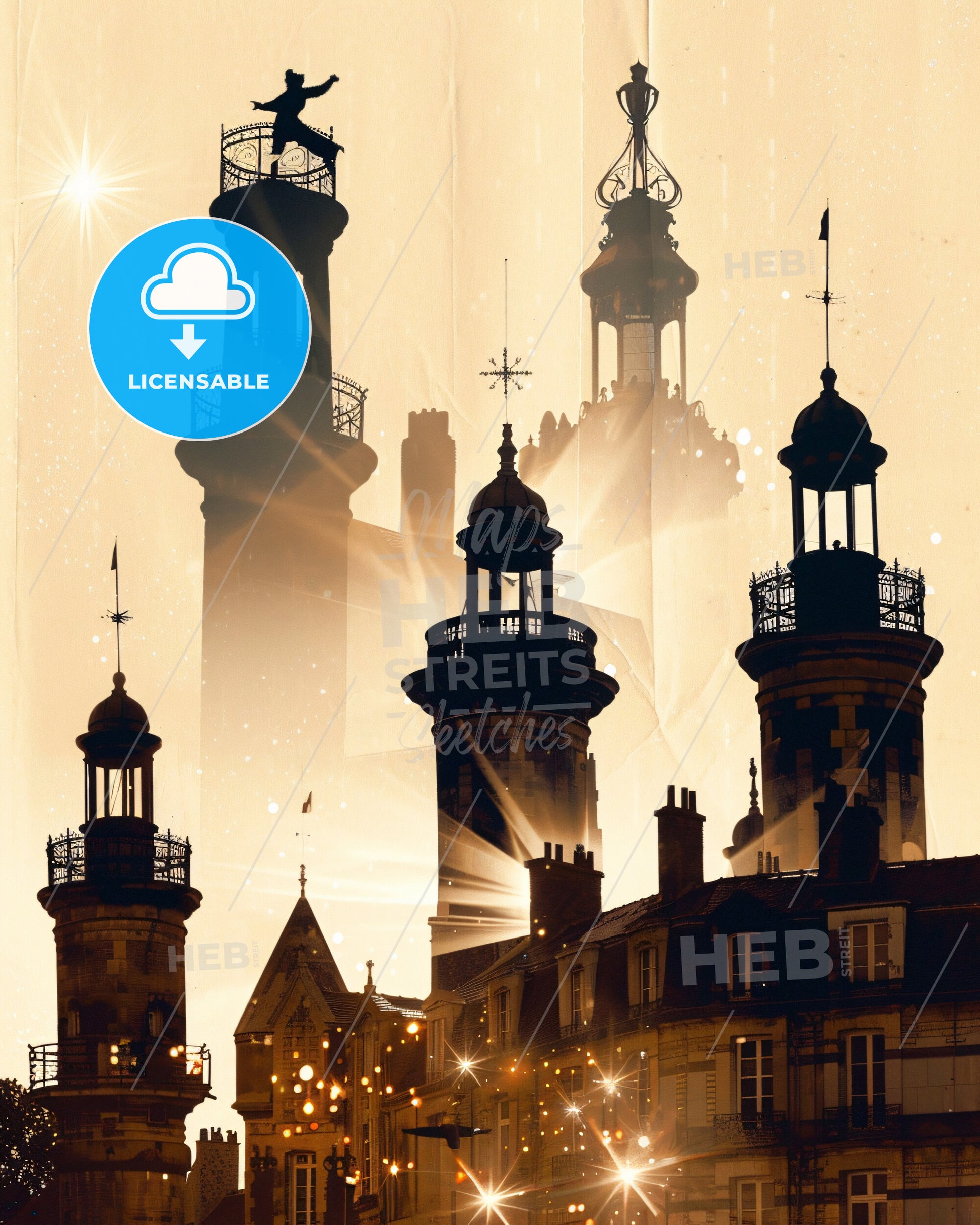 Calais Skyline Silhouettes Composite Art Poster - A building with towers and a city in the background