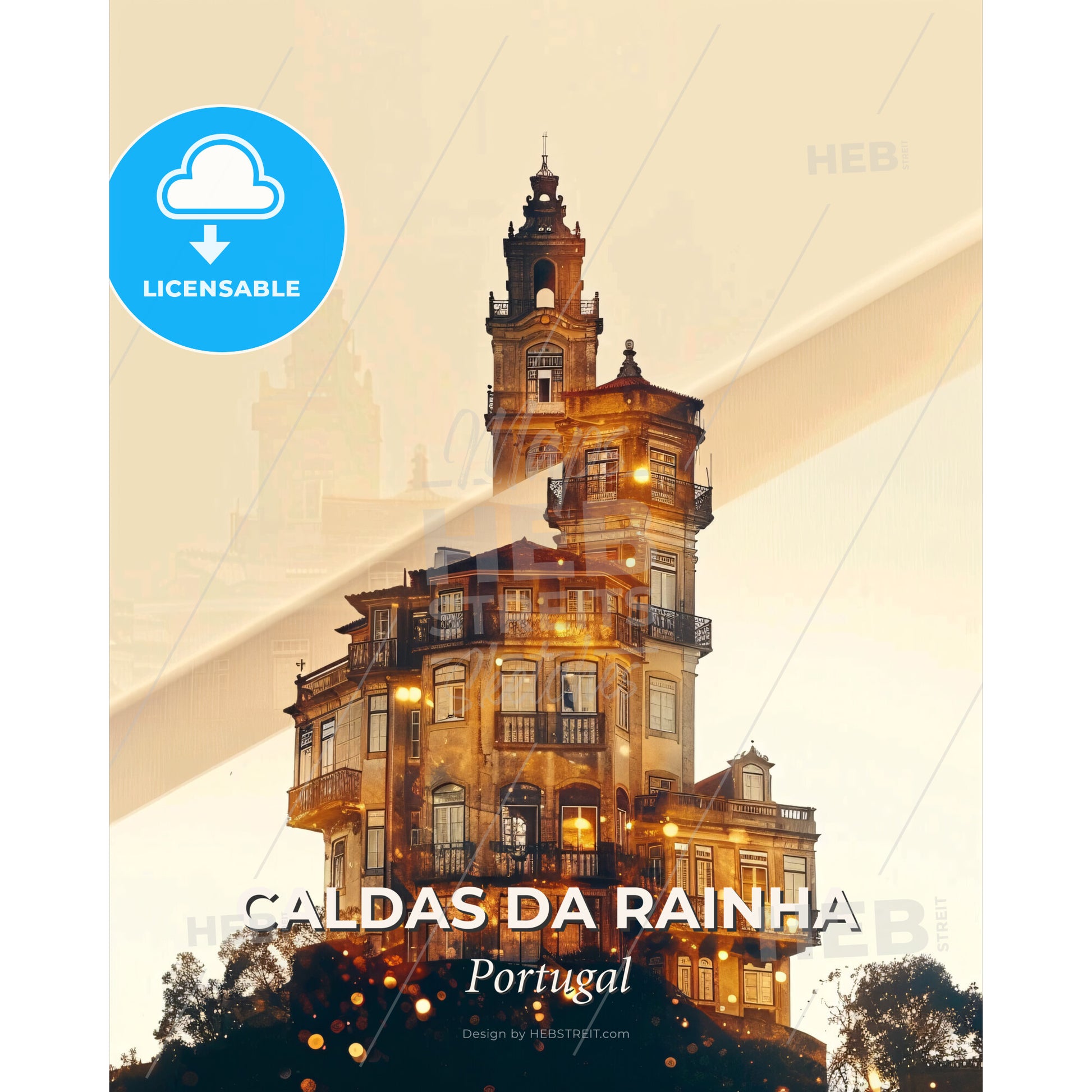 Caldas da Rainha Skyline Dreamscape Poster - A building with a tower - Square format print template