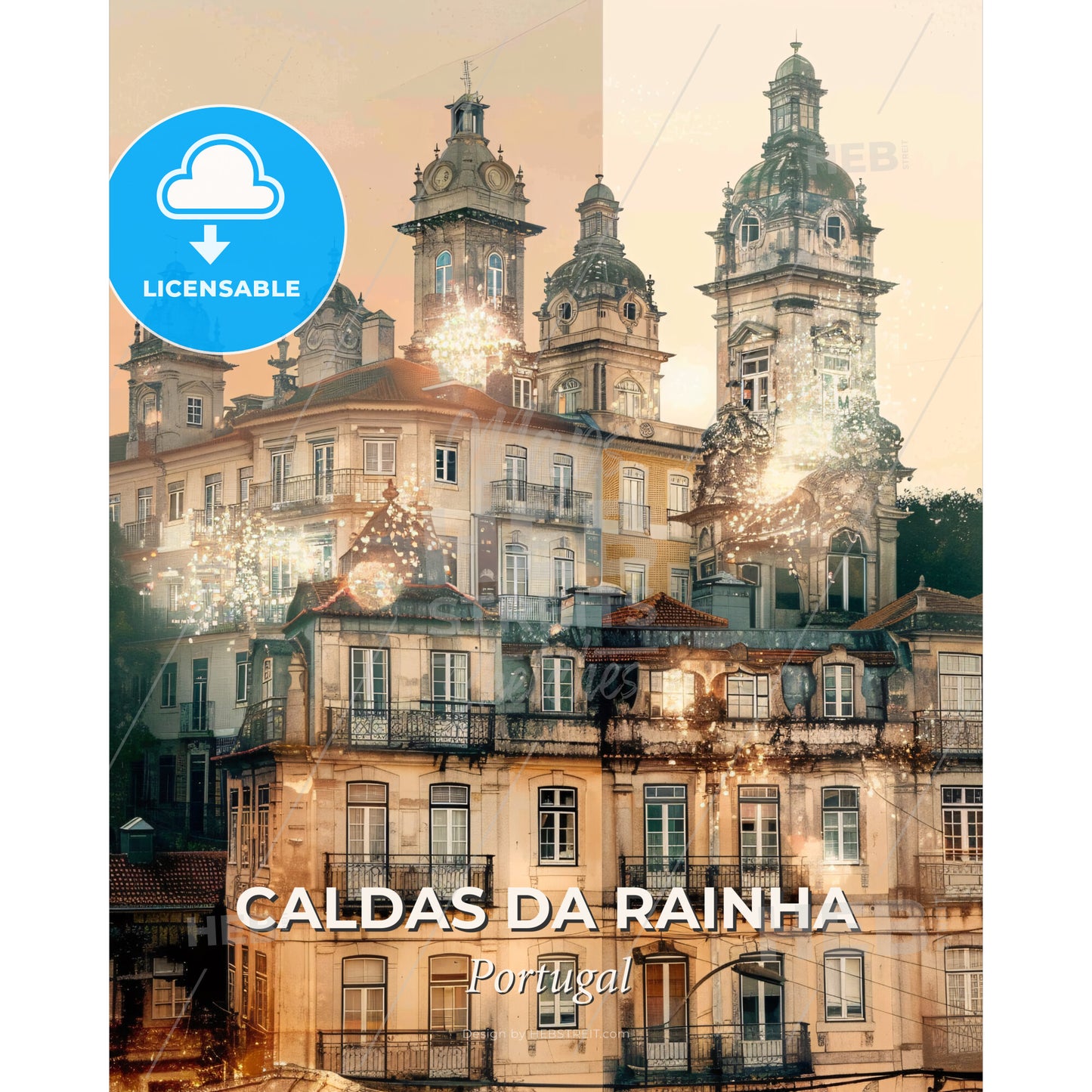 Caldas da Rainha City Skyline Composite Art Poster - A building with many towers and lights - Square format print template