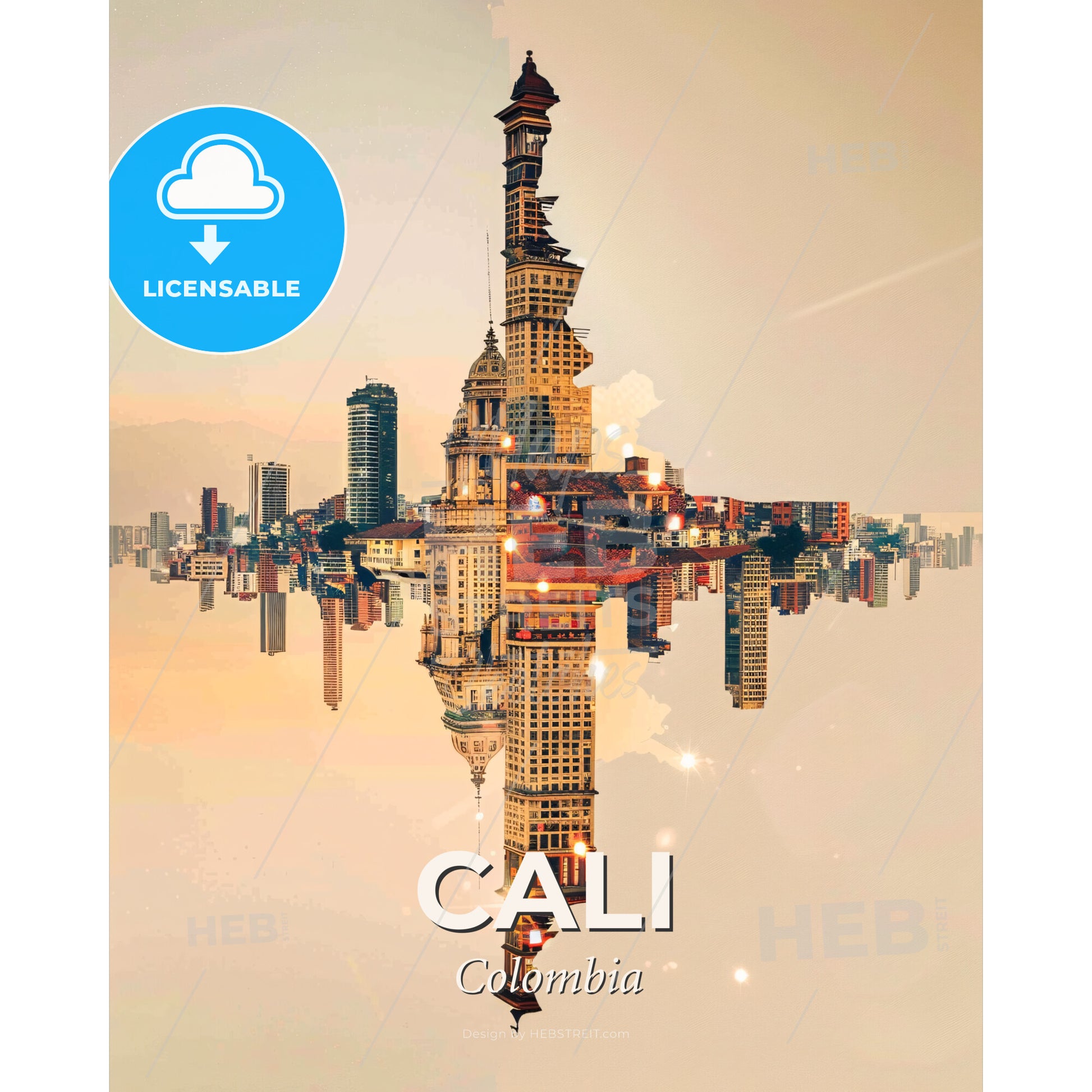 Cali City Skyline Art Print with Local Architecture - A reflection of a city in water - Square format print template