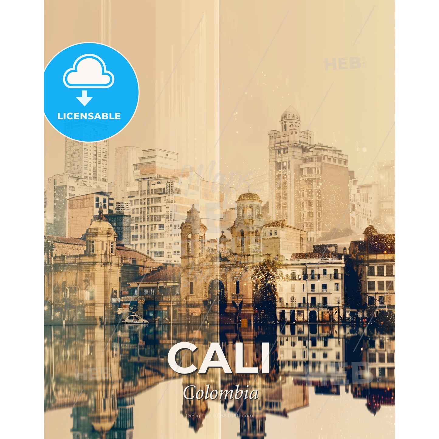 Cali Skyline Architecture Double Exposure Art Poster - A city with buildings and water - Square format print template