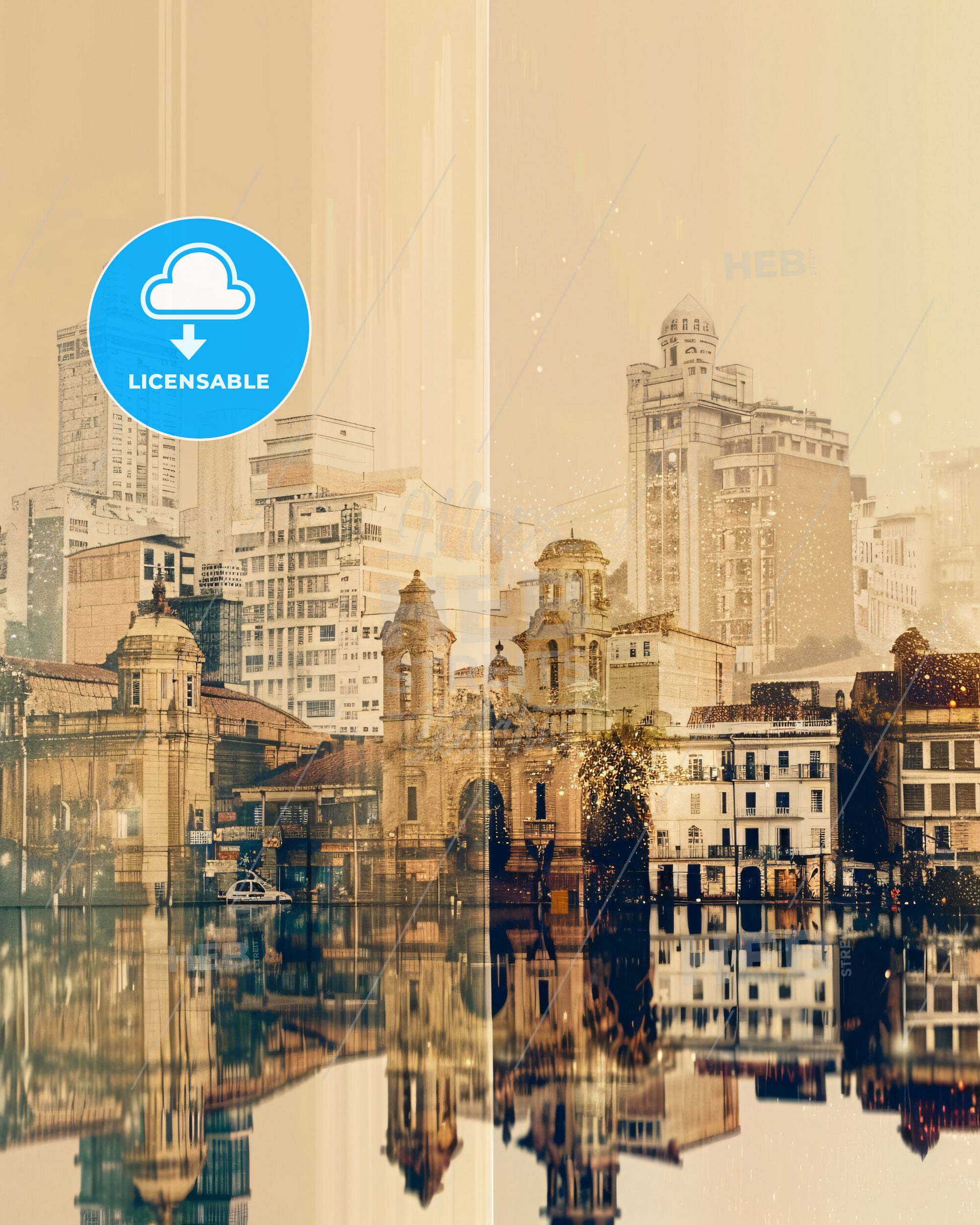 Cali Skyline Architecture Double Exposure Art Poster - A city with buildings and water