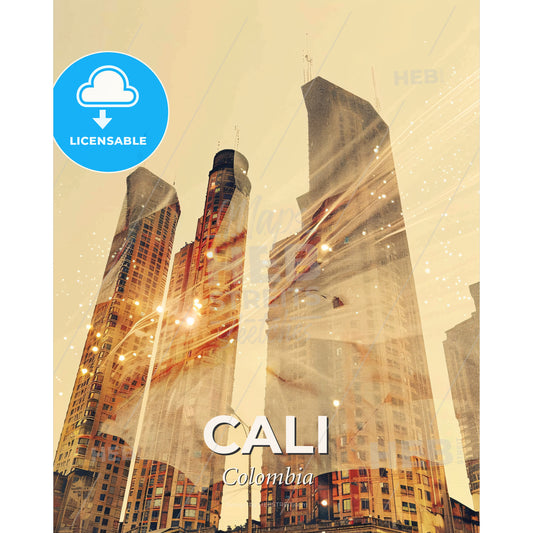 Cali Skyline Architecture Double Exposure Art - A tall buildings with fireworks - Square format print template