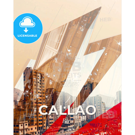 Callao Peru Skyline Double Exposure Art Poster - A city skyline with red and white stripes - Square format print template