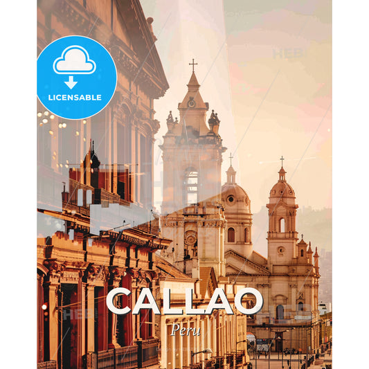 Callao Skyline Composite Art: Vibrant Cityscape - A group of buildings with a tower - Square format print template