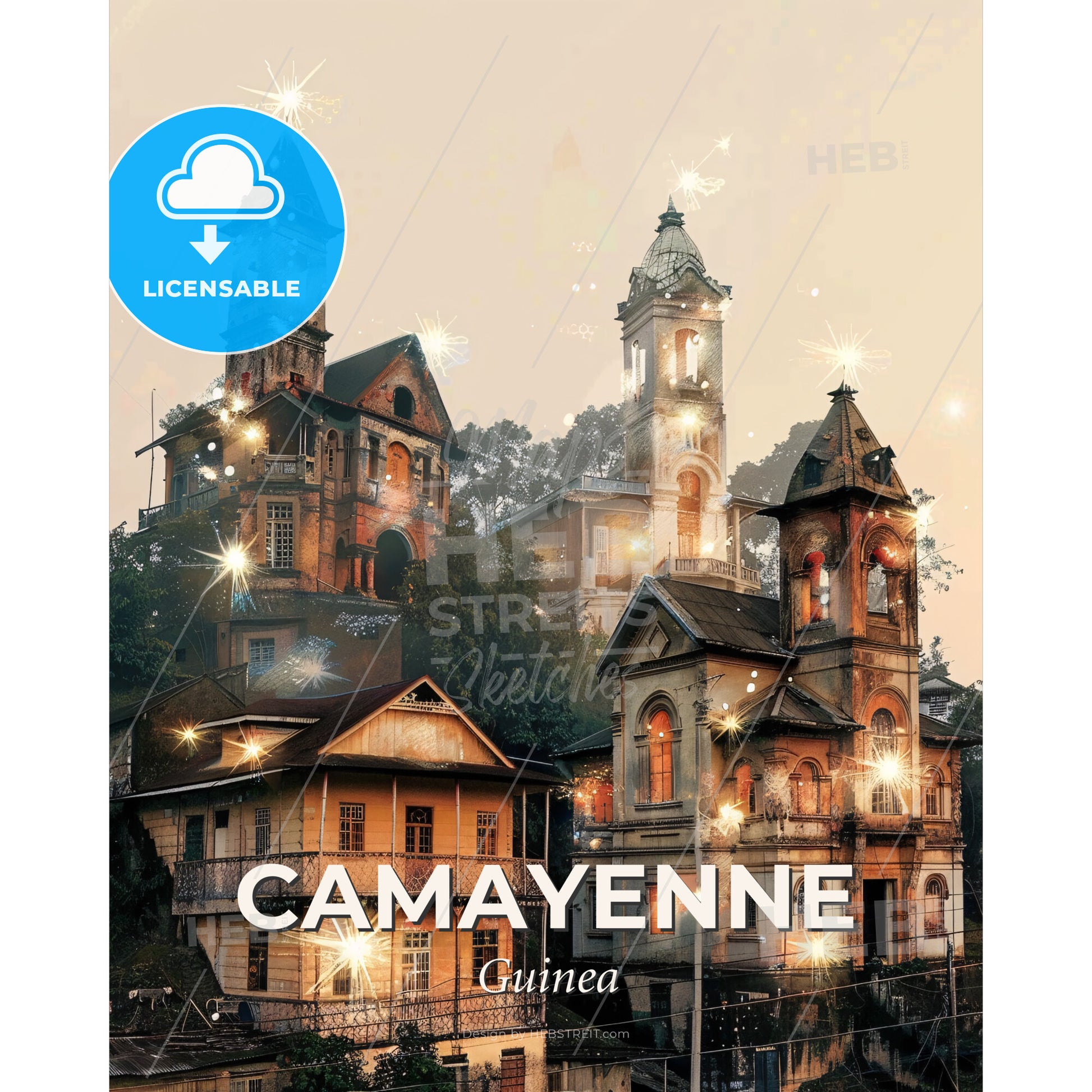 Camayenne Guinea City Skyline Art Poster - A group of buildings with lights - Square format print template