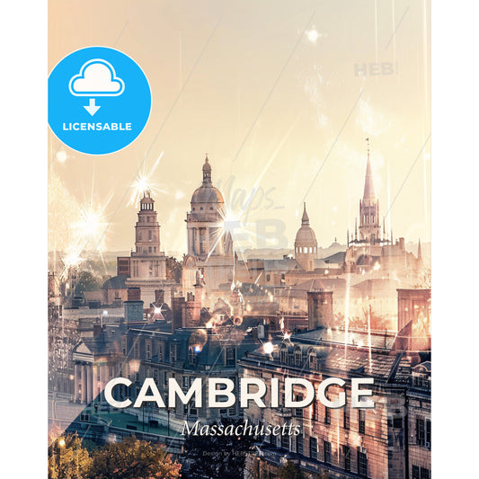 Cambridge Skyline Double Exposure Composite Poster - A city with many buildings and fireworks - Square format print template