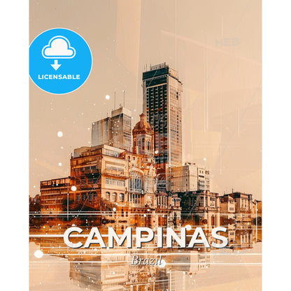 Campinas Brazil Cityscape Art Modern Poster - A city with many buildings and a body of water - Square format print template
