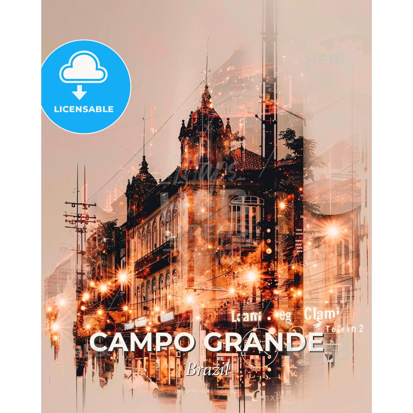 Campo Grande Urban Fusion Skyline Wall Art - A city street with buildings and street lights - Square format print template