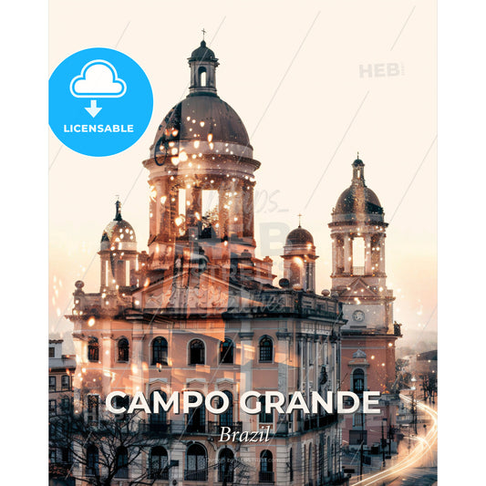 Campo Grande City Skyline Poster with Local Icons - A building with a dome and a street in the background - Square format print template