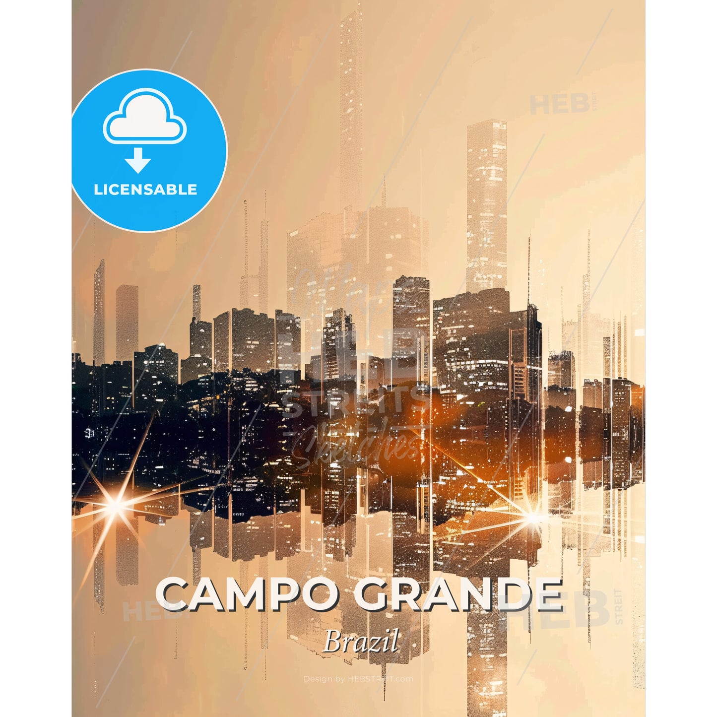 Campo Grande Cityscape Art: Local Icon Vibes - A city skyline with lights reflecting on water - Square format print template